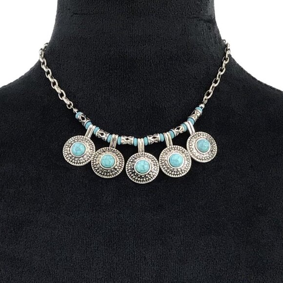 Lydell NYC Necklace Simulated Turqoise Silver Tone Boho Style Adjustable Length - Picture 1 of 4